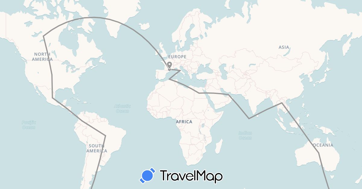 TravelMap itinerary: driving, plane in United Arab Emirates, Australia, Brazil, Canada, Colombia, Algeria, Egypt, France, Indonesia, Italy, Maldives, Mexico, Thailand, United States (Africa, Asia, Europe, North America, Oceania, South America)